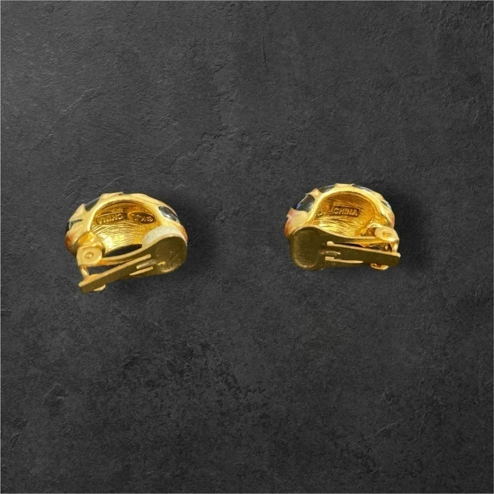 Kenneth Jay Lane Gold Tiger Stripe Half Hoop Enamel Clip Earrings